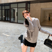 女春秋季 alex stevens灰色连帽针织衫 慵懒风麻花毛衣宽松套头上衣