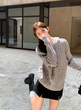 alex stevens灰色连帽针织衫女春秋季慵懒风麻花毛衣宽松套头上衣