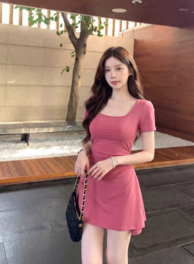 alex stevens法式温柔风方领连衣裙女夏季收腰修身短款裙子