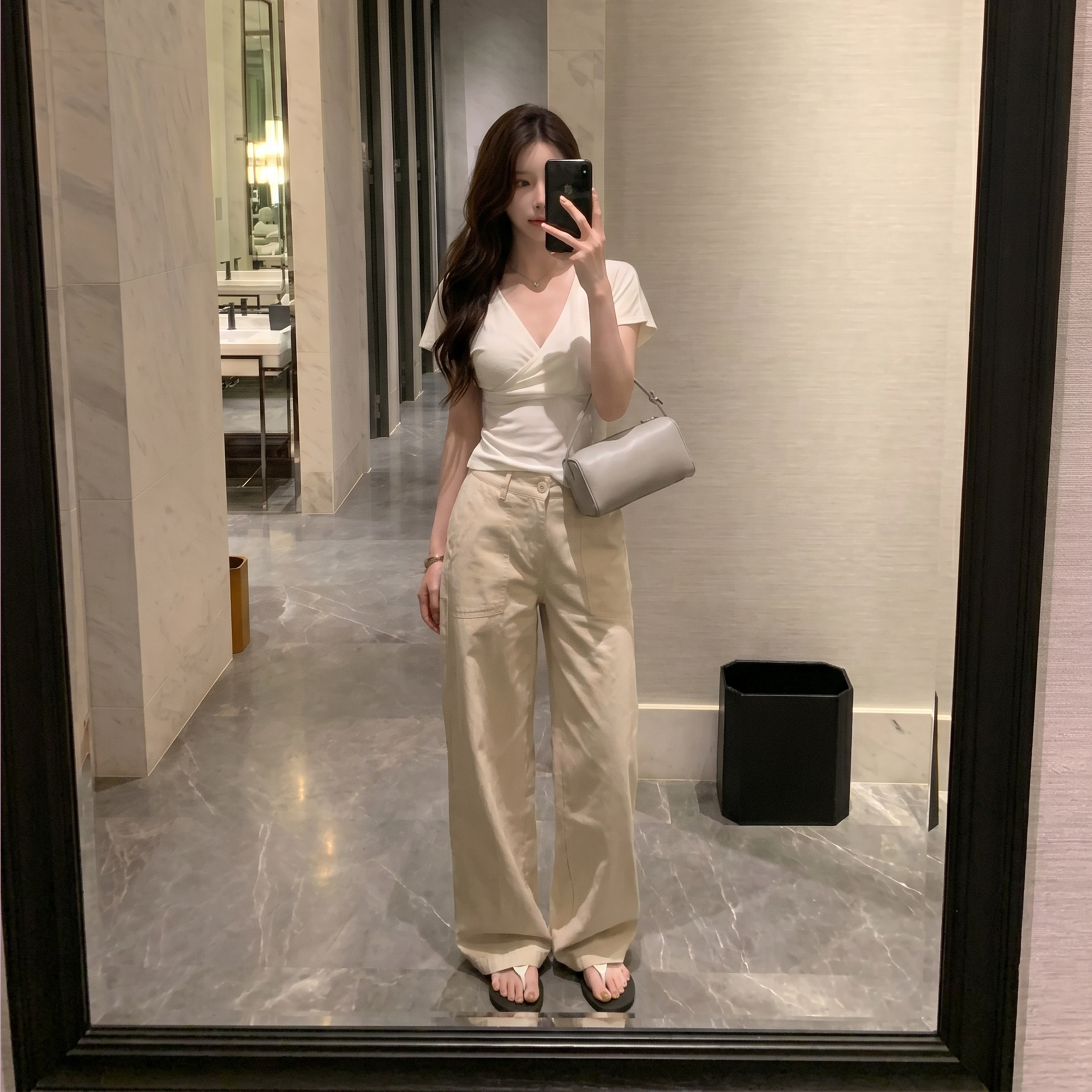 alex stevens 米白色高腰阔腿裤女夏季新款宽松休闲裤显瘦长裤子