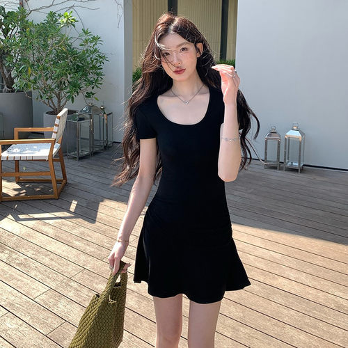alex stevens纯色短袖连衣裙女夏季包臀纯欲辣妹修身短裙子多巴胺