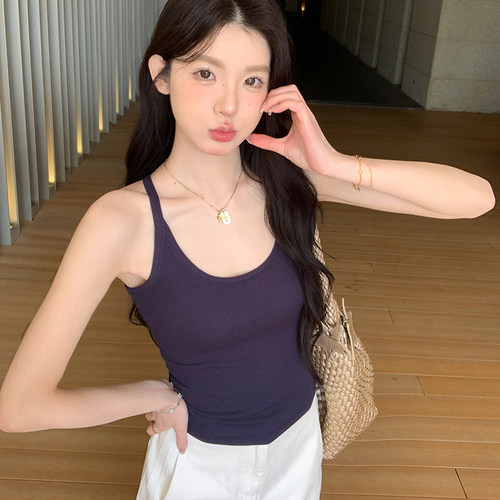 美式吊带背心女白色带胸垫上衣夏