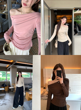 alex stevens设计感一字斜肩露肩薄款长袖t恤女秋上衣荡领打底衫