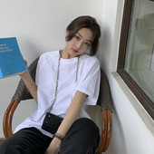 上衣圆领宽松中长款 小T大作 打底叠穿神器纯棉白色T恤短袖 纯色女