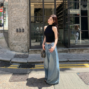 stevens 高腰显瘦宽松阔腿裤 蓝色拖地裤 子女夏季 阔腿牛仔裤 alex