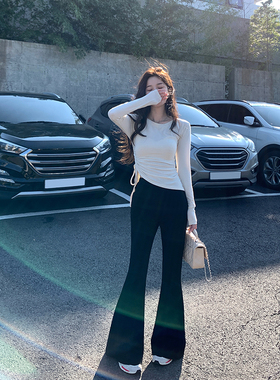 alex stevens黑色微喇叭裤女春秋季休闲裤高腰弹力显瘦长裤马蹄裤