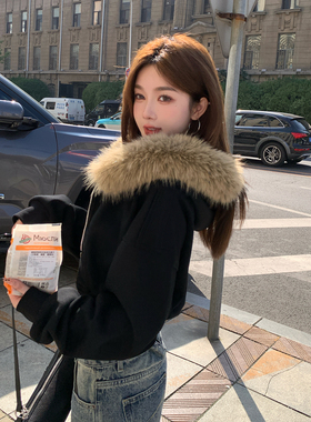 alex tevens复古毛领连帽卫衣拉链外套女冬季黑色加绒保暖短上衣