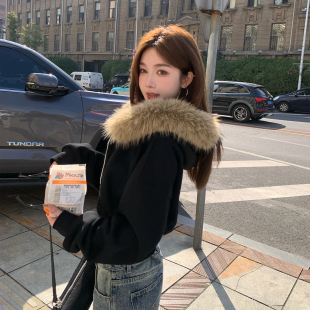 alex 黑色加絨保暖短上衣 tevens復古毛領連帽衛衣拉鏈外套女冬季