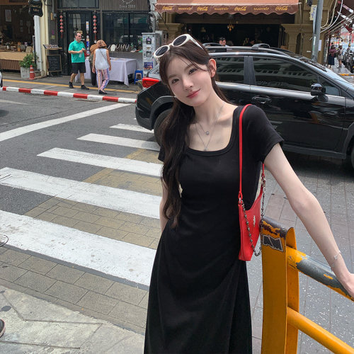 alex stevens短袖连衣裙掐腰裙女夏季弹力u领修身显瘦纯色长裙子