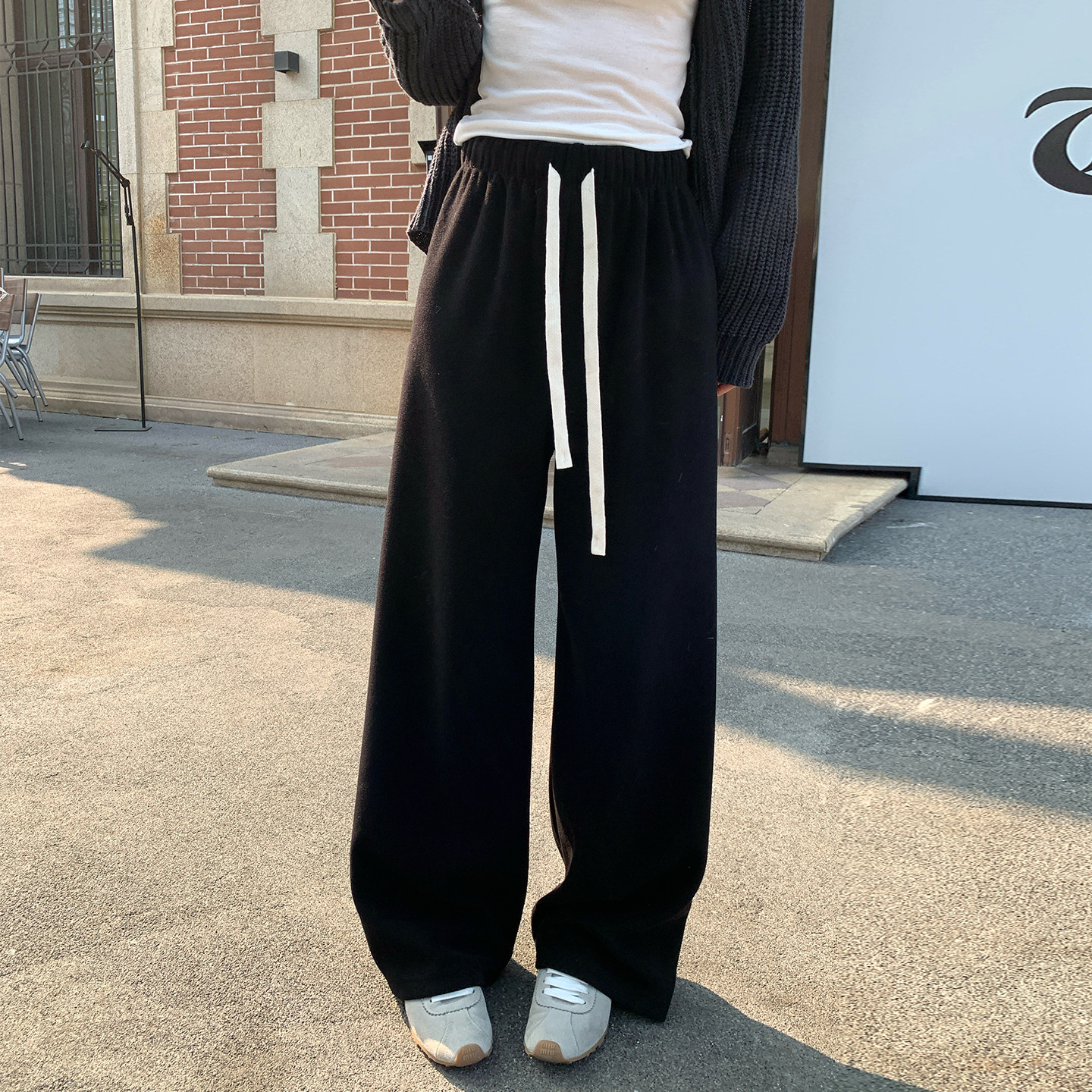 alex stevens黑色羊毛针织裤抽绳休闲裤女春季慵懒风宽松阔腿裤子