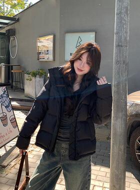 alex stevens超好看黑色短款羽绒服女冬连帽加厚白鸭绒面包服外套