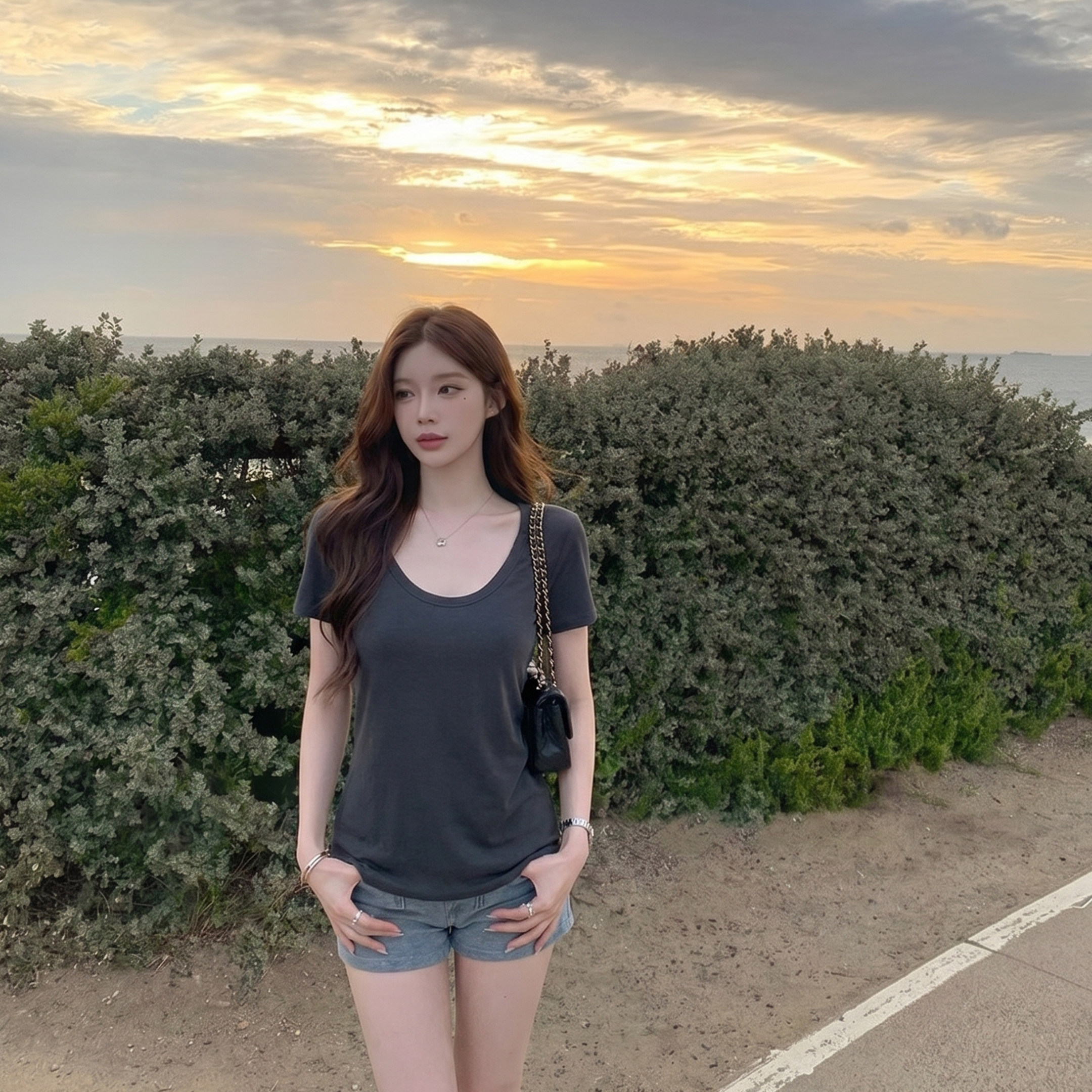 alex stevens设计感斜肩一字领短袖T恤女夏季宽松露肩上衣慵懒风