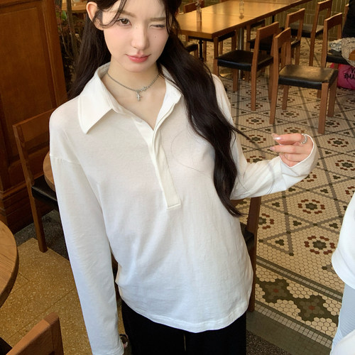 alex stevens纯色polo领长袖T恤女春秋季宽松打底衫内搭外穿上衣