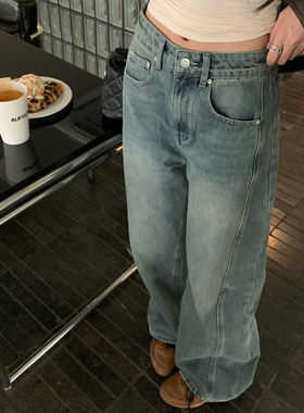 alex stevens版型超好看裤子女秋季蓝色复古水洗牛仔裤高腰直筒裤