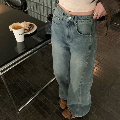 alex stevens版型超好看裤子女秋季蓝色复古水洗牛仔裤高腰直筒裤