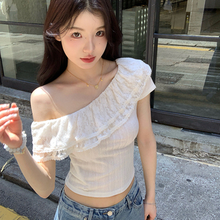 T恤薄款 alex 修身 stevens纯欲蕾丝荷叶边斜肩上衣女夏季 露肩短款