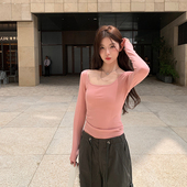 修身 alex 显瘦 女内搭U领长袖 上衣T恤春秋低领短款 stevens 打底衫