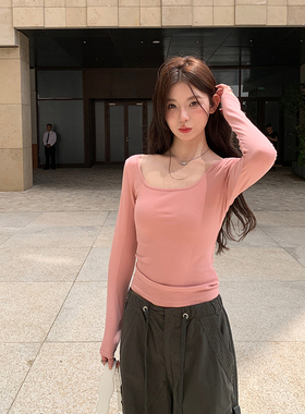 alex stevens 打底衫女内搭U领长袖上衣T恤春秋低领短款修身显瘦