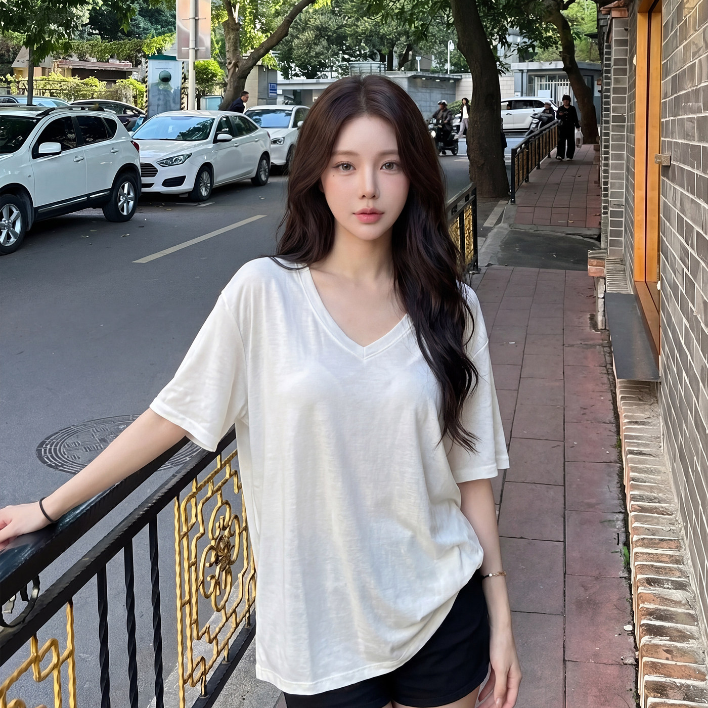 alex stevens慵懒风V领白色短袖T恤女夏季宽松纯色松弛感圆领上衣