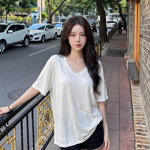 alex stevens 慵懒风V领圆领白色短袖T恤女夏宽松百搭松弛感上衣