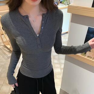 修身 alexstevens 设计感打底衫 t恤女秋季 显瘦内搭上衣 v领纽扣长袖