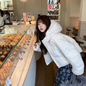 alex stevens独特超好看摇粒绒白鸭绒羽绒服女冬季 连帽羊羔毛外套