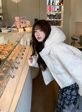 alex stevens独特超好看摇粒绒白鸭绒羽绒服女冬季连帽羊羔毛外套