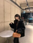 颗粒绒羊羔毛外套女冬季 alex stevens 黑色连帽宽松加厚毛毛外套