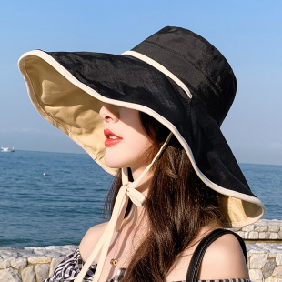 黑色漁夫帽 太陽(yáng)帽海邊度假夏戶外出游防曬防紫外線大沿遮陽(yáng)帽韓版