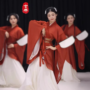 新款女南北朝复原魏晋风大袖交领异形围裳破裙儿童演出服红色大袖