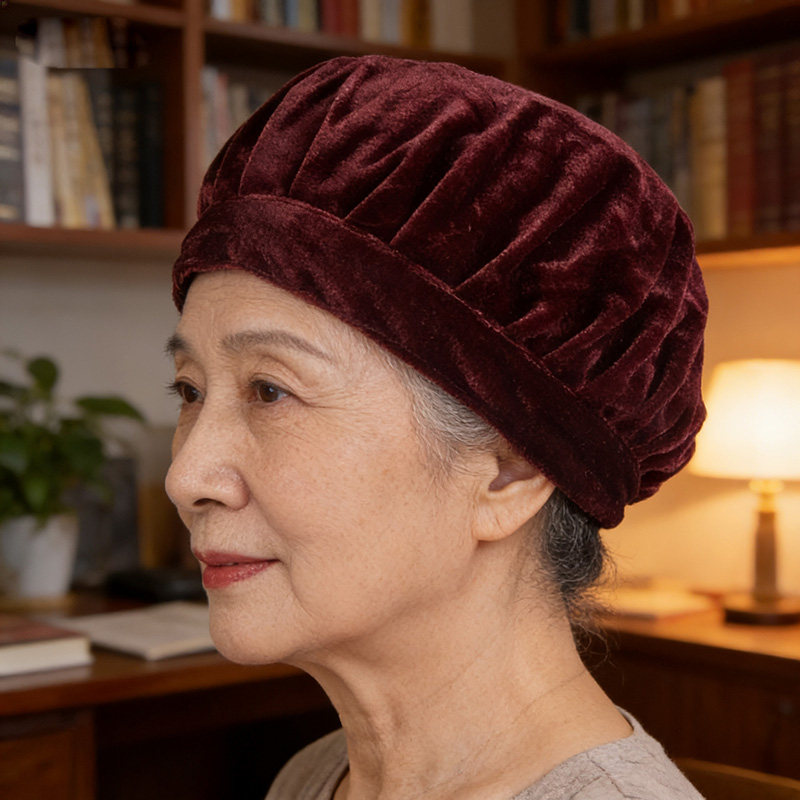 中老年防风红色丝绒套头帽女春夏薄款防风保暖奶奶妈妈生日寿帽子