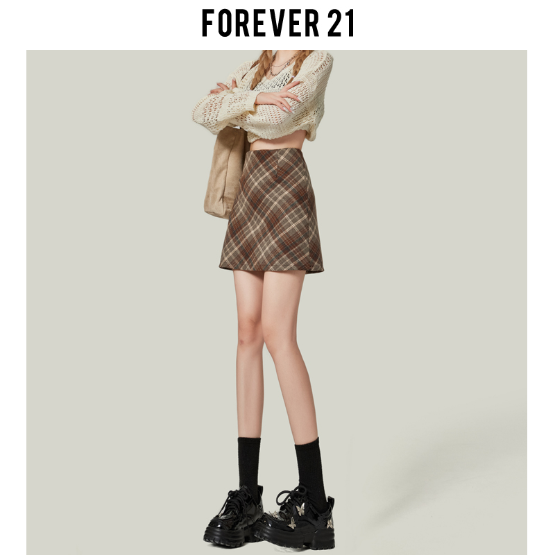 Forever21高腰毛呢咖啡色半身裙女2023新款秋冬季格纹a字包臀短裙