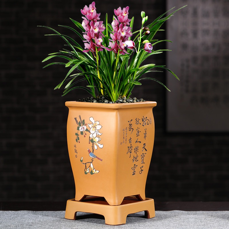 大口径四方高花盆紫砂艺术彩绘