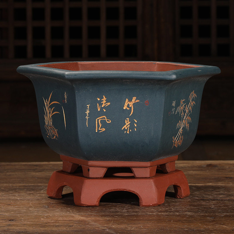 宜兴精品紫砂花盆六方带底座兰花盆手工刻绘君子兰花盆古典中国风|msdalam kategori penghantaran bunga/bunga simulasi/tumbuhan berkebun, pasu/bunga/flowerpot/Bunga (baru), flowerpot - dari Buy2taobao.com untuk memberikan perkhidmatan ejen Taobao profesional membeli