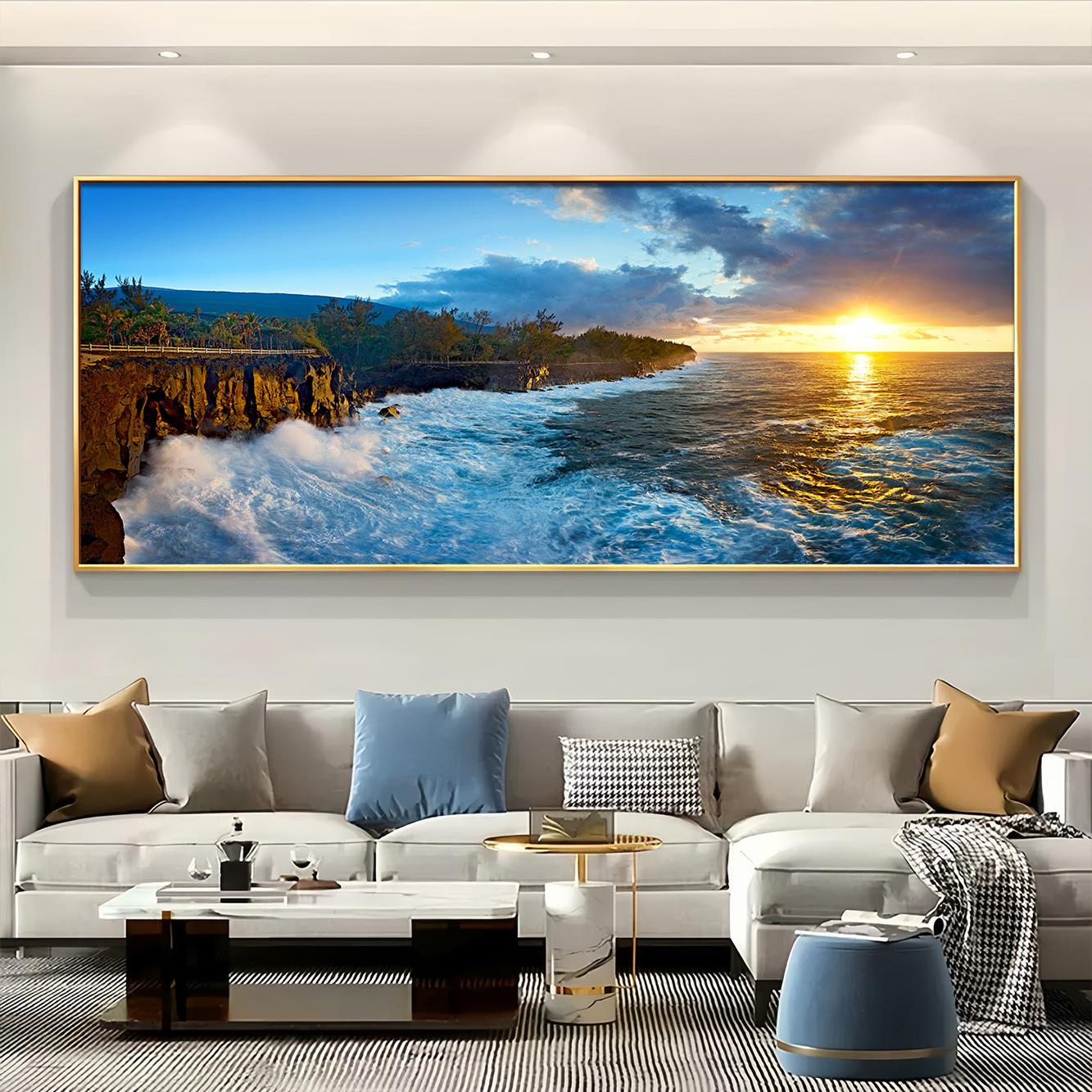 流水生财客厅装饰画现代简约海洋风景挂画酒店卧室床头墙画壁画