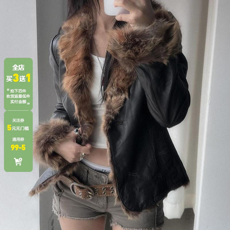 WEEKEEP 秋冬高级复古毛毛拼接皮衣外套开衫百搭保暖休闲夹克皮草