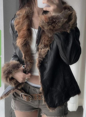 WEEKEEP 秋冬高级复古毛毛拼接皮衣外套开衫百搭保暖休闲夹克皮草