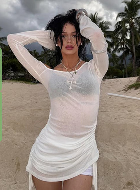 WEEKEEP 百搭休闲白色轻薄防晒喇叭长袖罩衫女外搭修身抽褶上衣