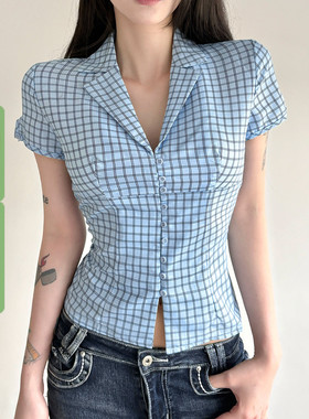 WEEKEEP 小清新蓝色格纹翻领排扣短袖衬衫女百搭修身收腰显瘦上衣