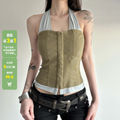 WEEKEEP 街头辣妹假两件拼接挂脖绑带露背吊带背心修身 跳舞上衣潮