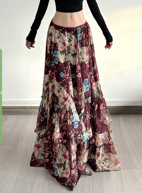 WEEKEEP 复古艺术感印花荷叶边拼接不规则半身裙低腰大摆飘逸长裙