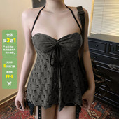 WEEKEEP 废土风破洞抽褶胸型挂脖绑带露背吊带百搭宽松A摆背心