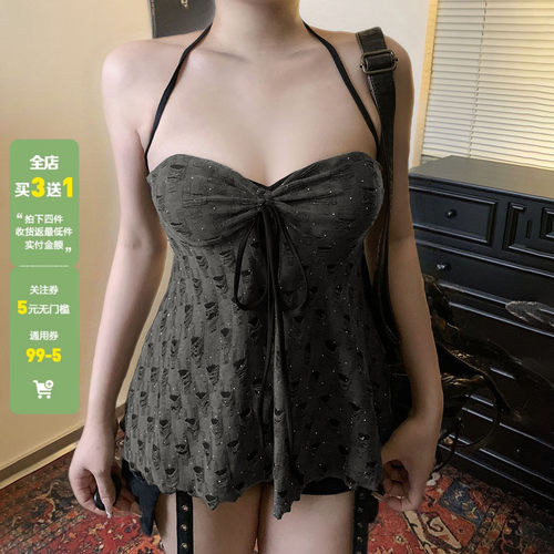 WEEKEEP 废土风破洞抽褶胸型挂脖绑带露背吊带百搭宽松A摆背心