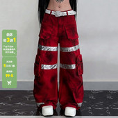 WEEKEEP 女百搭酷帅宽松跳舞长裤 街头欧美撞色做旧工装 口袋休闲裤