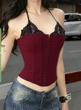 WEEKEEP 街头辣妹黑红撞色蕾丝拼接挂脖系带修身露背吊带背心跳舞