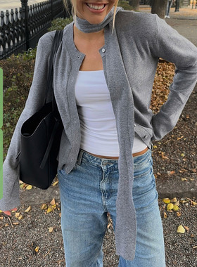 WEEKEEP 简约通勤灰色圆领排扣长袖毛衣开衫女百搭基础修身上衣