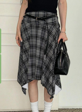 WEEKEEP 复古英伦风不规则格子半身裙女显瘦遮胯收腰百搭A字裙潮