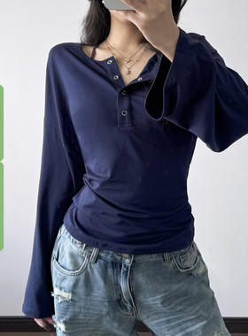 WEEKEEP 简约休闲深蓝色亨利领排扣收腰长袖T恤女百搭修身上衣
