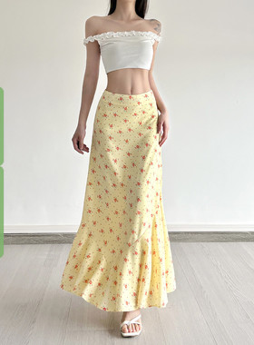 WEEKEEP 夏日小清新碎花荷叶边半身裙百搭低腰宽松A摆显瘦长裙