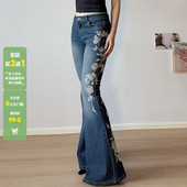 WEEKEEP 显瘦长裤 古着辣妹小众玫瑰刺绣低腰微喇牛仔裤 百搭修身